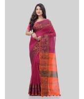 DESH BIDESH Women`s Tant Cotton Silk Handloom Cotton Saree Pushpomala With Blouse Piece(Pink Orange)